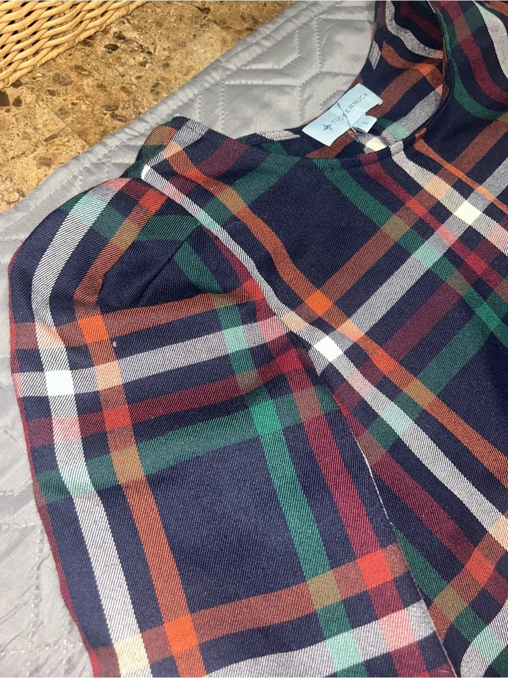 Tuckernuck Navy Plaid Top with Orange, Green, Burgundy and Cream Accents Lg